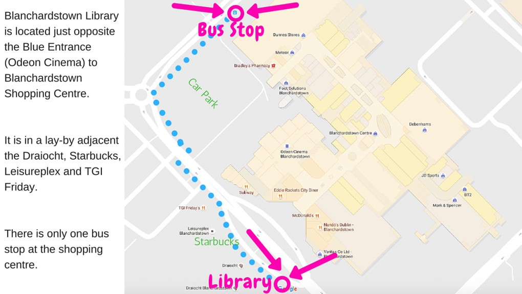 map of Dublin 15 Disability Peer Support Group Location showing walk from bus stop to library. On getting off bus - turn right and walk in direction of bus route as far as roundabout. Turn left at the roundabout and after about a hundred yards cross road at first zebra crossing. Continue walking on opposite side of the road where you will pass Leisureplex, TGI Friday, Starbucks, Dante Pizza and Draiocht Theatre on your right. The Library is the last building on this row.